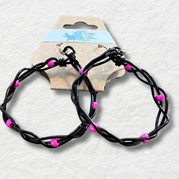 Arwen and Gwen Black Wire Braided Hoop Earrings with Pink Beaded Inlay - Picture 1 of 2